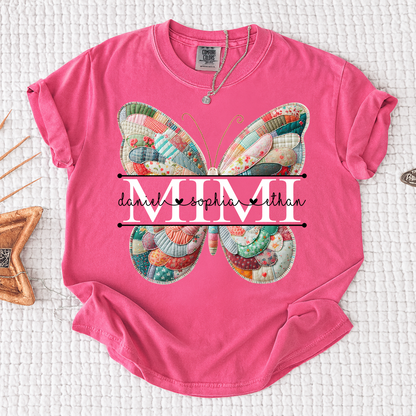 Custom Mimi T Shirt with Butterfly Patchwork Graphic, Personalized Family Names Tee