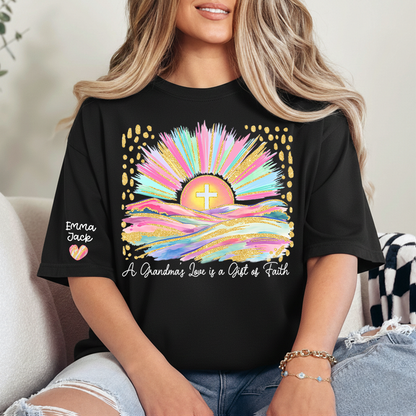 Faith Christian Grandma T-Shirt, Pastel Colorful Sunrise Cross Tee, Cute Personalized Gift for Grandma And Kids