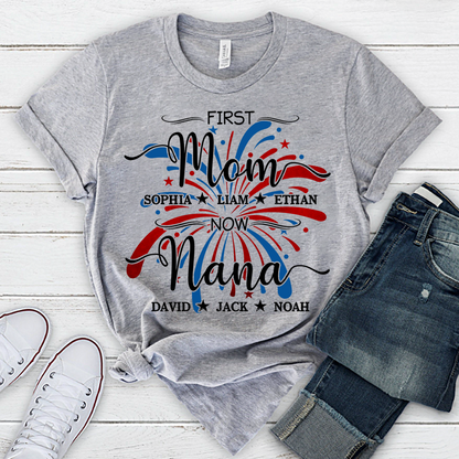 Custom Printed T-shirts Featuring American Fireworks For First Mom, Now Grandma, Patriotic T-shirts With Personalized Family Names For Grandma And Her Grandchildren