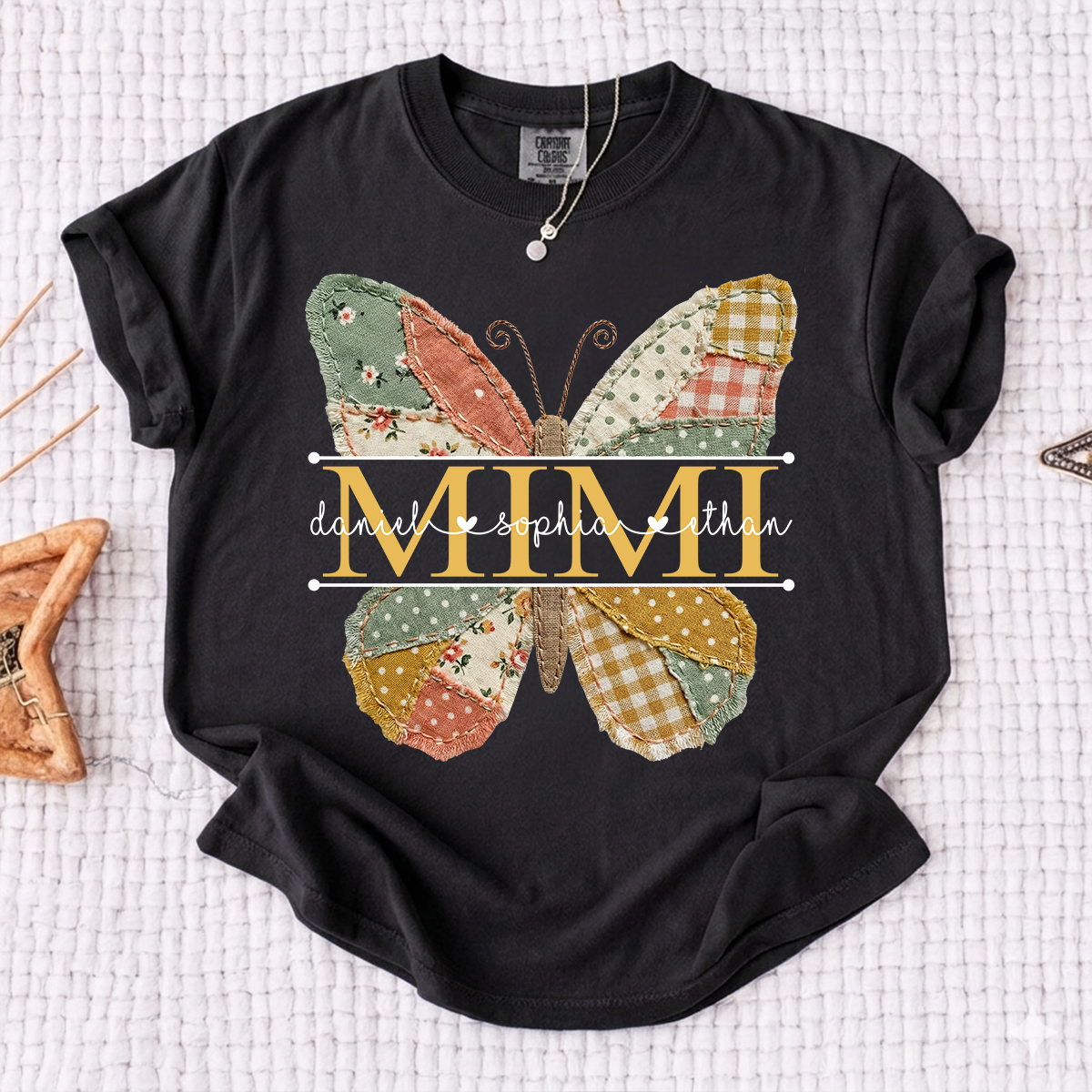 Comfort Mimi Butterfly Shirt, Custom Grandkids Names with Colorful Patchwork Butterfly Design