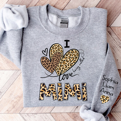I Love Mimi Sweatshirt with Leopard Heart Design, Personalized Family Crewneck for Valentine