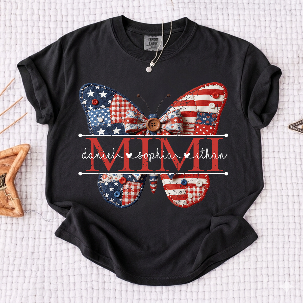 Comfort Mimi Patriotic Shirt, Custom Names with USA Flag and Floral Butterfly Graphic