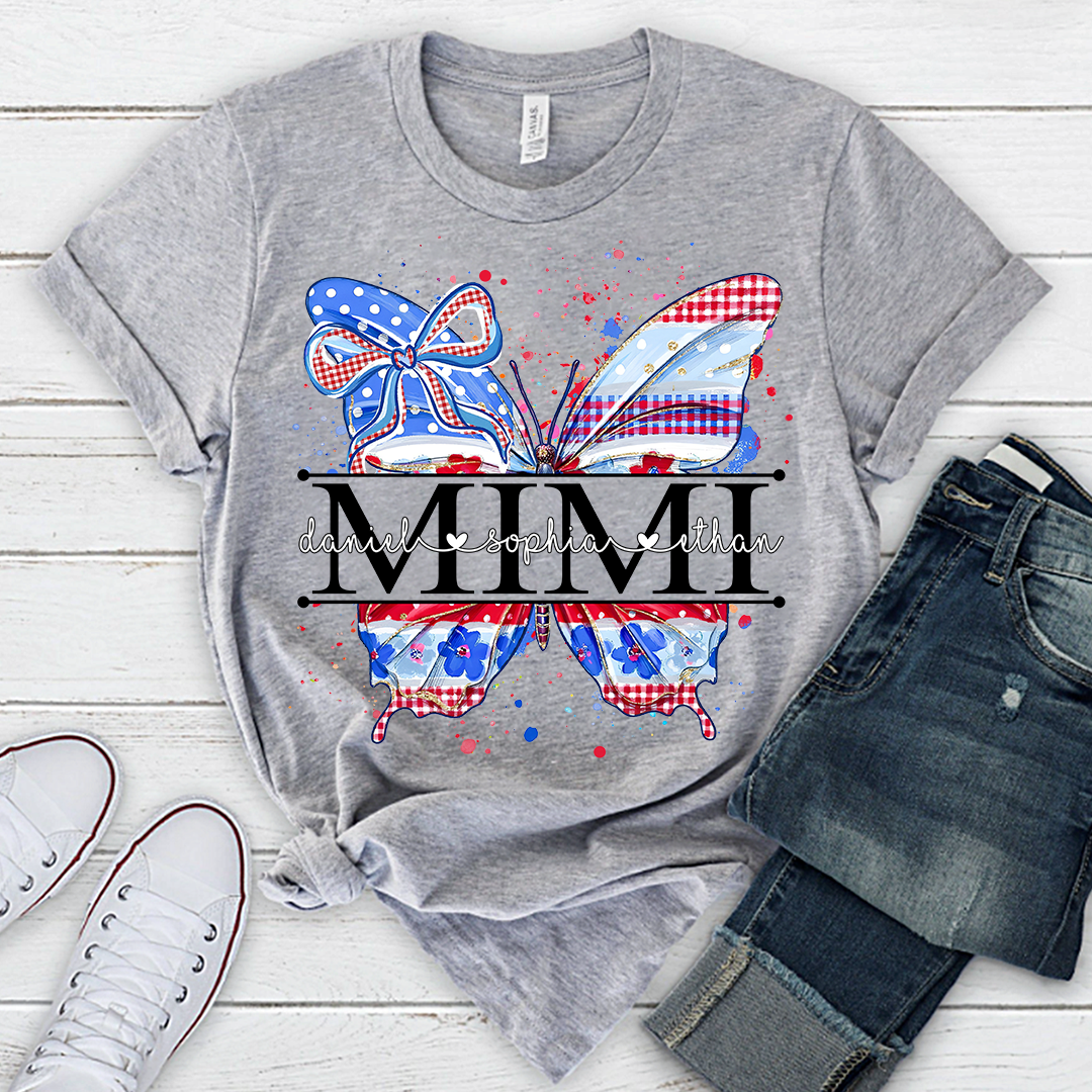 Custom Patriotic Butterfly Mimi T-Shirt, Personalized Grandma Shirt with Red White Blue USA Design