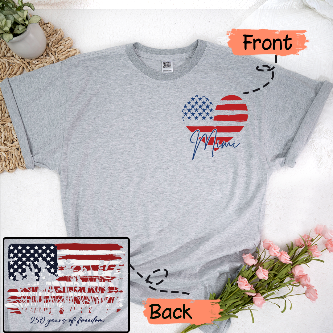 Personalized Mimi Patriotic Shirt, Custom Grandma Name USA Flag Heart T-Shirt, 4th of July Family Matching Tee for Mimi