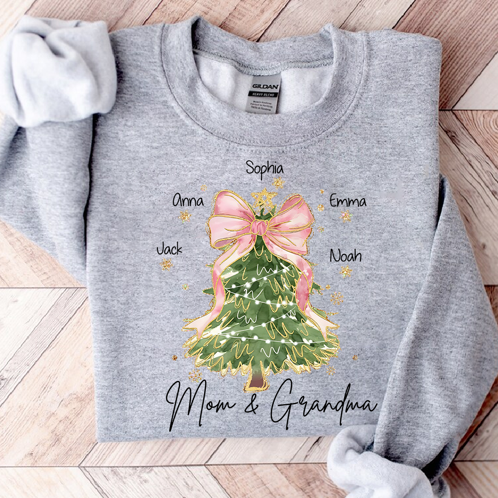 Personalized Mom and Grandma Christmas Sweatshirt, Custom Tree Design with Kids Names