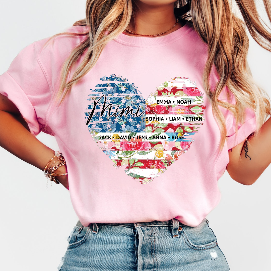 Personalized Mimi Heart Shirts With Children's Names, Family T-Shirts With Stylized Floral And American Flag Designs