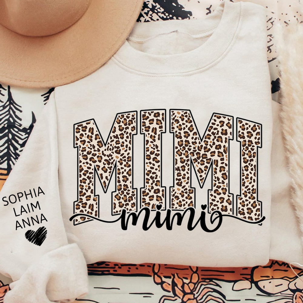 Personalized Mimi Leopard Print Sweatshirt, Custom Grandkids’ Names on Sleeve, Heart Detail