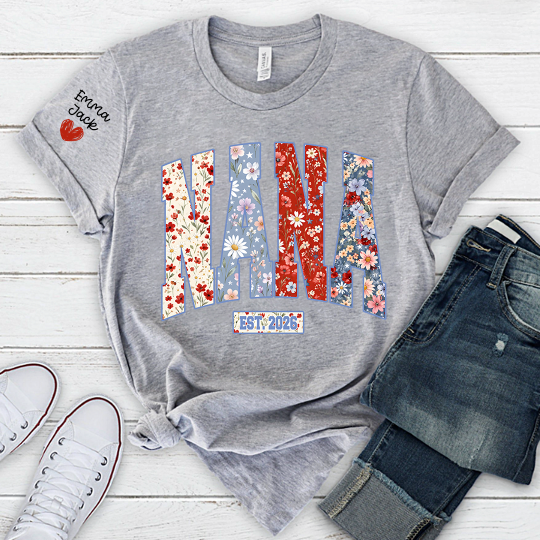 Personalized Nana 4th July Independence Day American, Floral American FlagT-Shirt, Patriotic Gift For Grandma And Kids