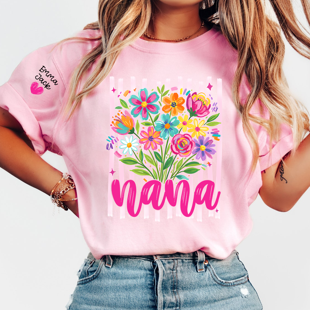 Custom Striped Wildflowers Nana T-Shirt, Trendy Ditsy Floral Gift for Grandma And Kids