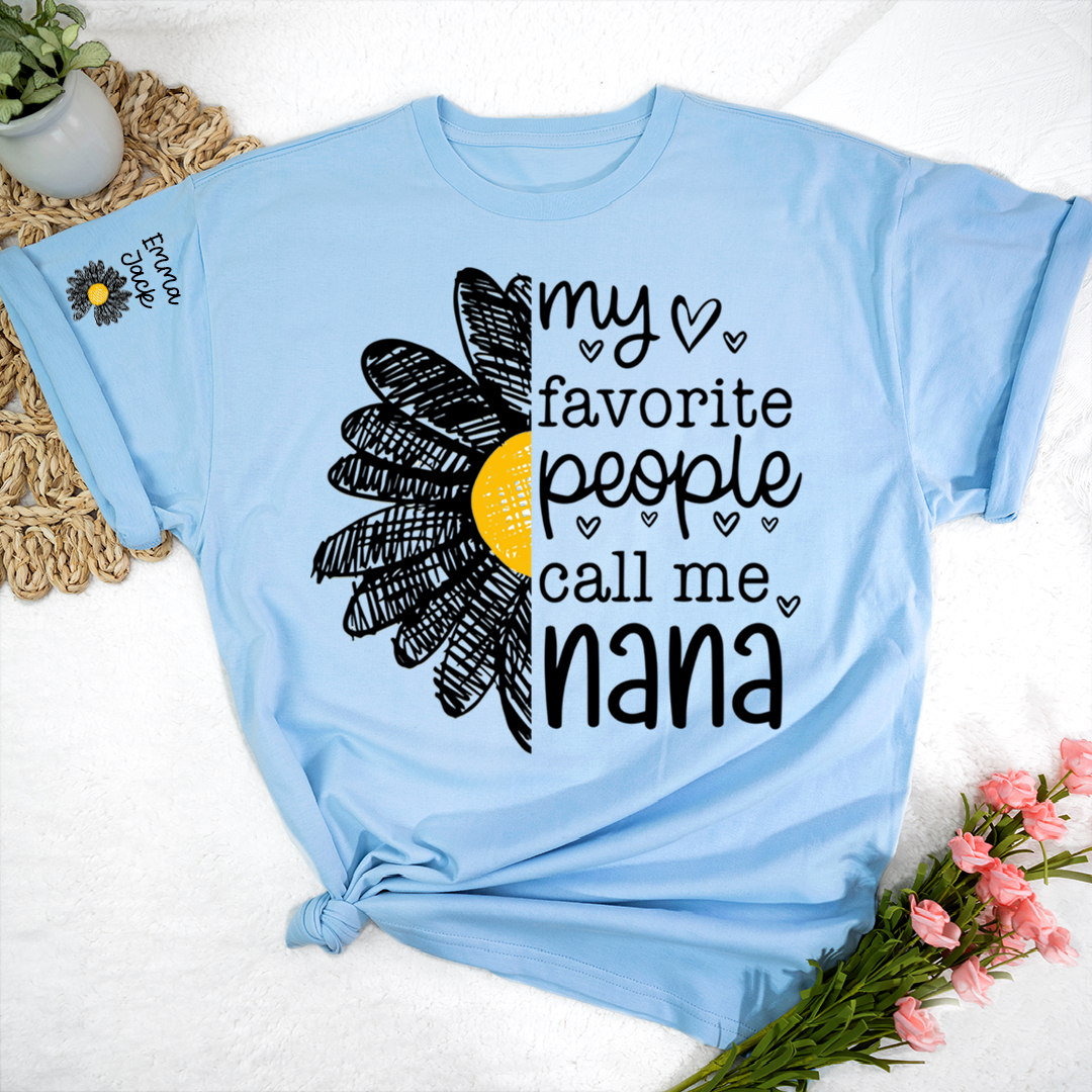 Personalized Nana Floral Shirt with Daisy and Sun Graphics, Custom Grandkids Names