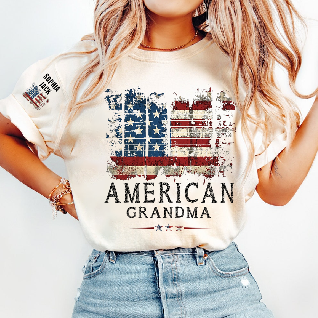 Personalized 4th of July Grandma T-Shirt, Distressed US Flag Gift for Grandmother