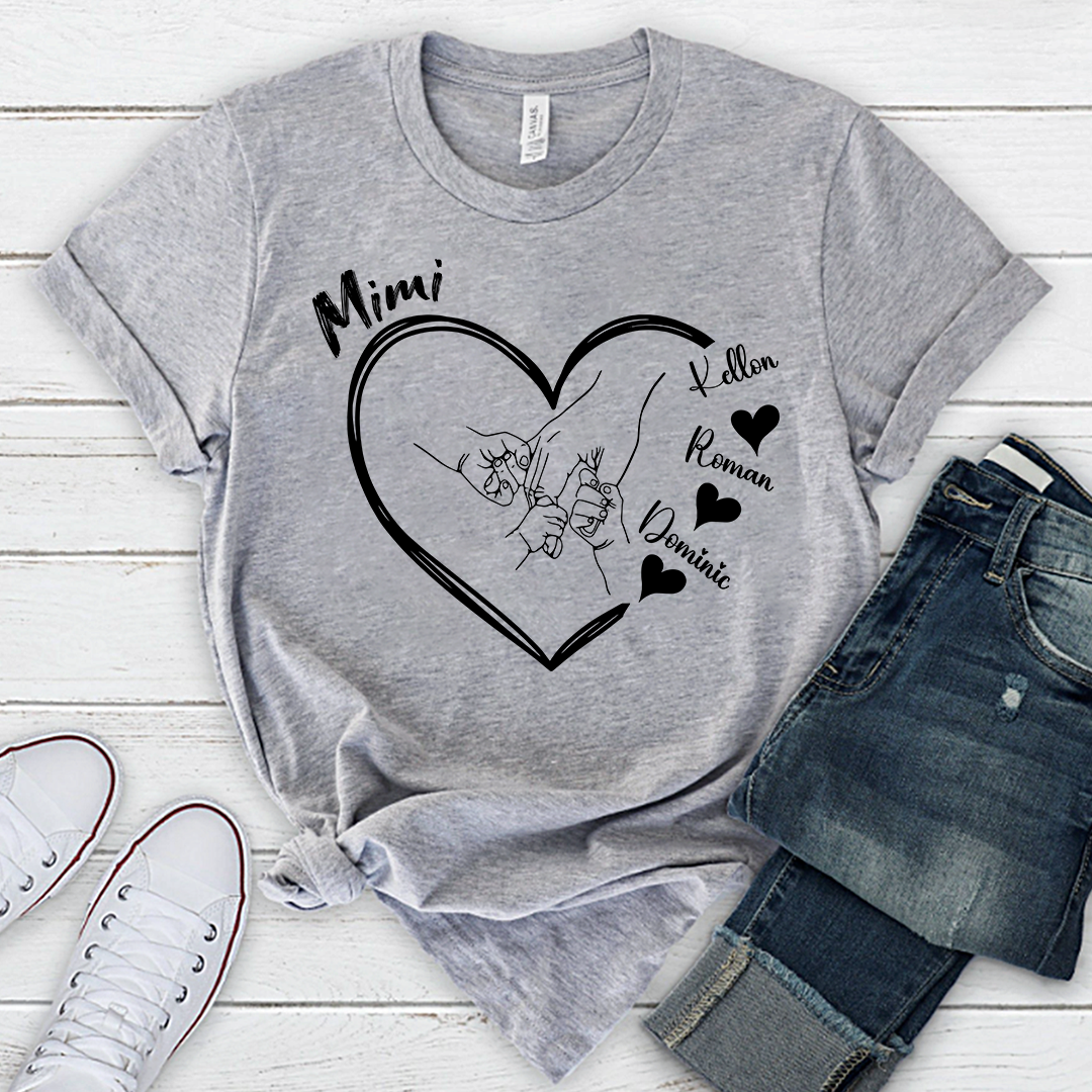 Personalized Mimi Shirt with Grandkids Names, Hands Holding Heart Graphic Family Tee