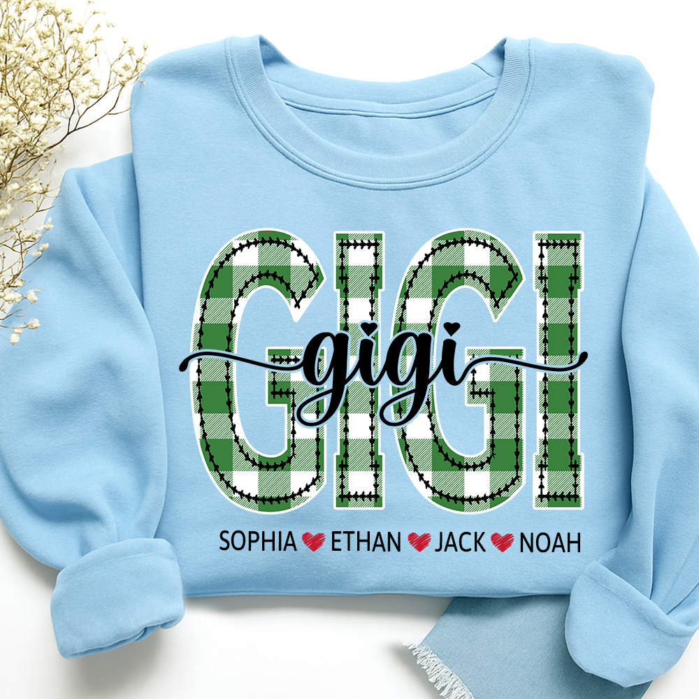 Personalized Gigi Sweatshirt, Custom Green Plaid Letters Shirt with Grandkids Names