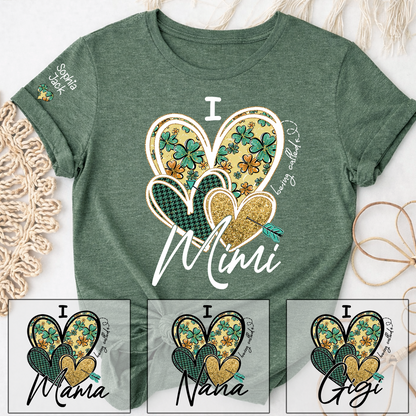 I Love to Be Called Mimi Heart Design T-shirt For St. Patrick's Day, Personalized Clover Design T-shirt for Grandma with Grandchildren's Names