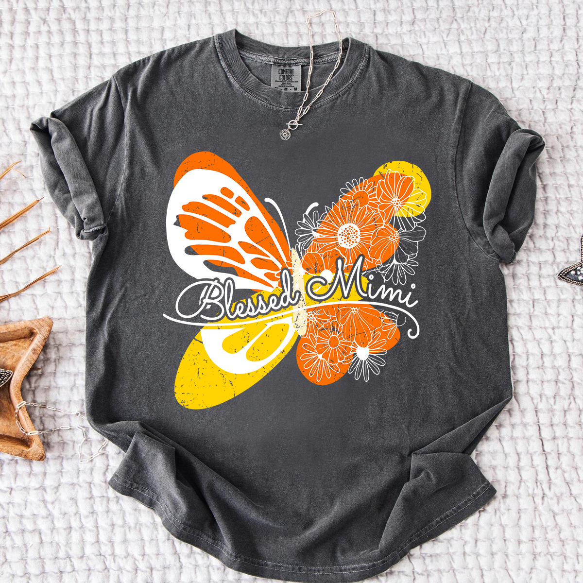 Comfort Colors Personalized Blessed Mimi Shirt with Butterfly and Floral Design, Custom Grandkids Names