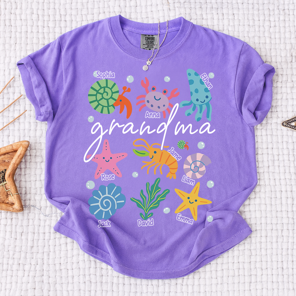 Comfort Colors® Personalized Grandma Sea Animals Shirt, Custom Grandkids Names Tee, Coastal Grandma Ocean Life T Shirt, Beach Gift for Grandma