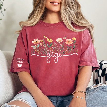 Gigi Floral Shirt, Personalized Grandma Tee with Family Names, Flower Garden Graphic T Shirt, Gift for Gigi from Grandchildren