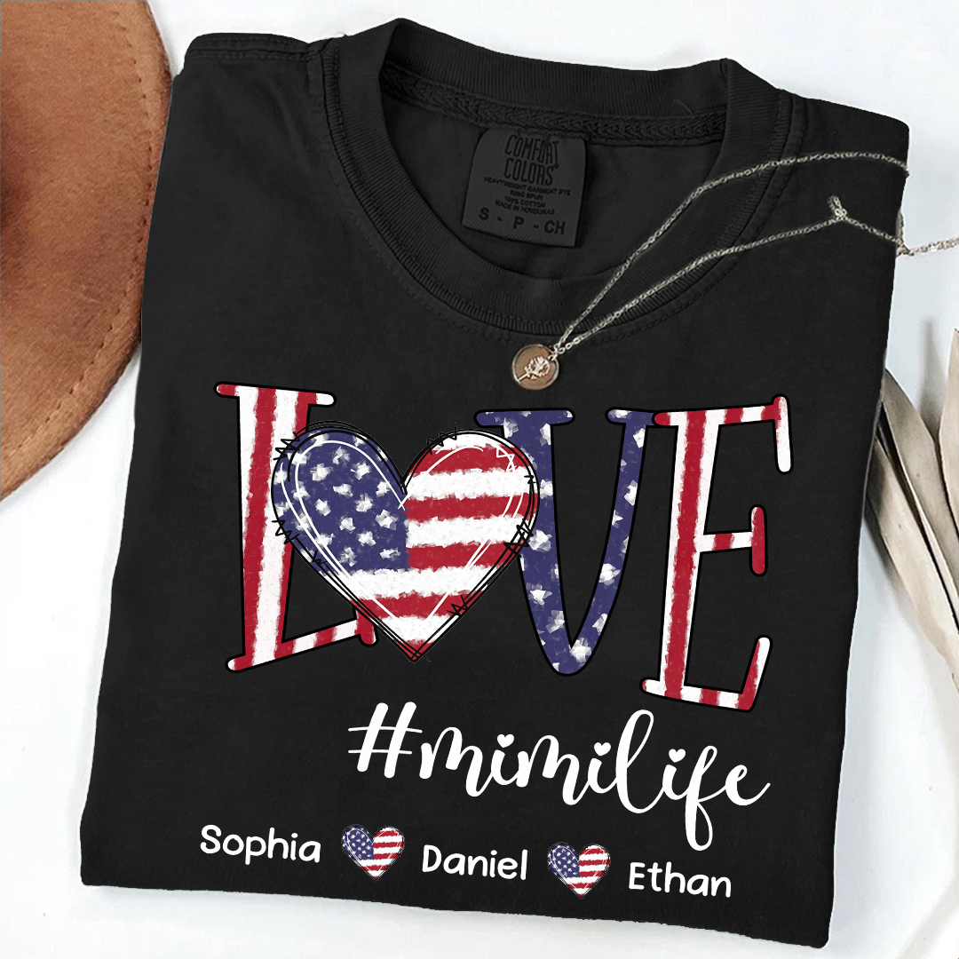 Comfort Colors Custom Mimi T Shirt with Grandkids Names USA Flag Love Graphic Mimi Life Shirt Personalized Grandma Apparel Family Gift