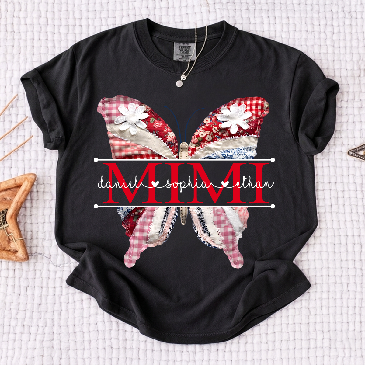 Comfort Personalized Mimi Shirt with Grandkids Names, Colorful Patchwork Butterfly Design Family Tee