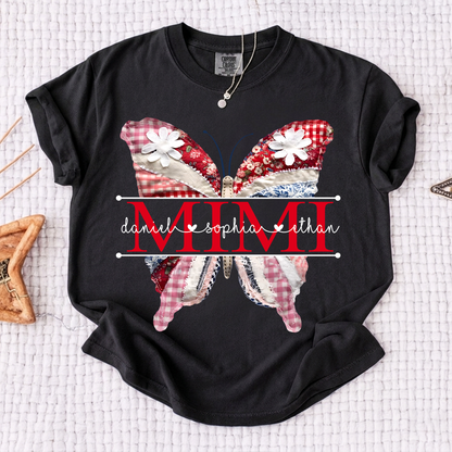 Comfort Personalized Mimi Shirt with Grandkids Names, Colorful Patchwork Butterfly Design Family Tee