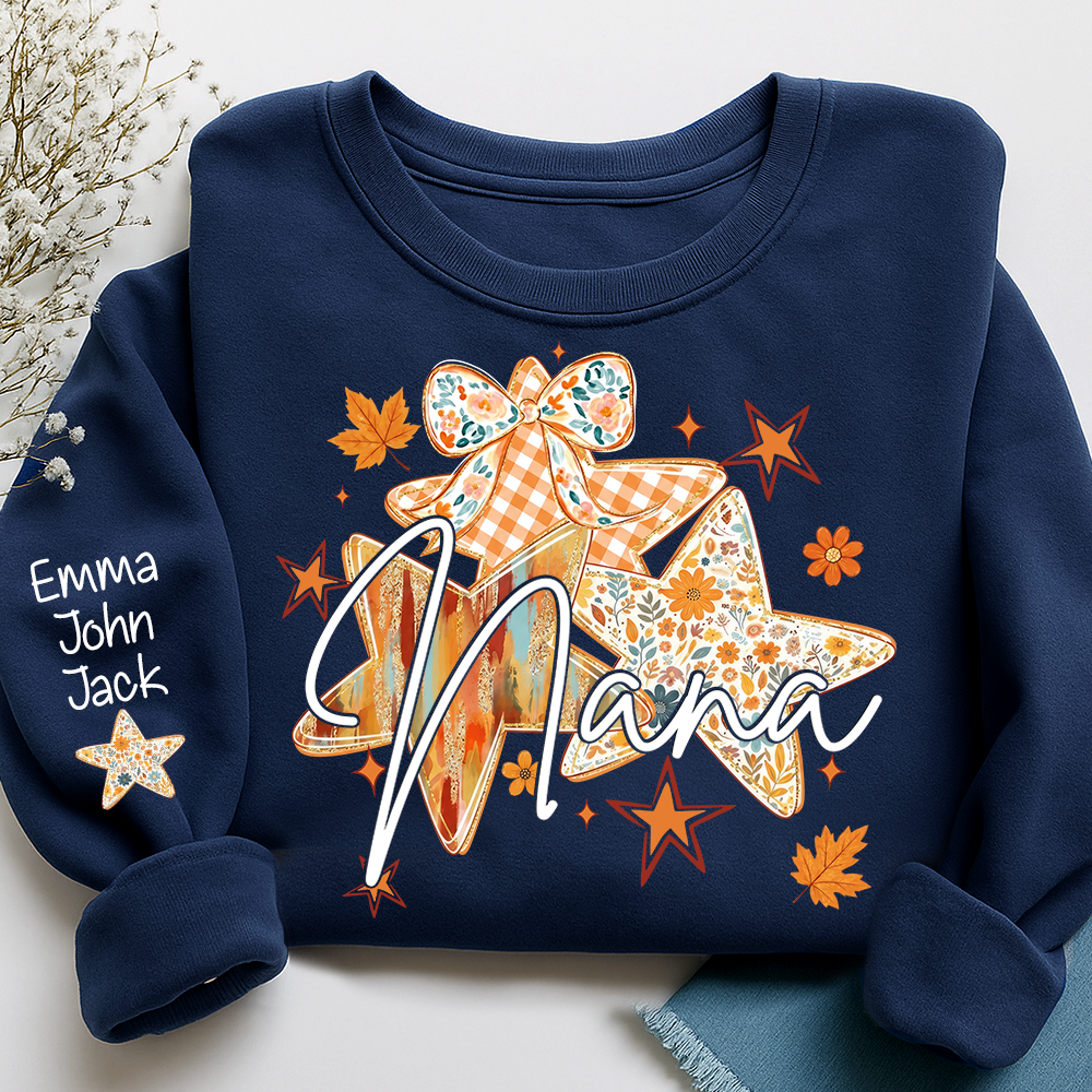 Personalized Nana Shirt for Women, Autumn Star Floral Design Tee, Custom Grandma T Shirt, Cozy Family Gift