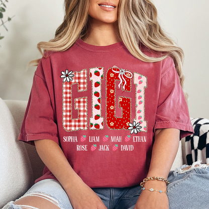 Gigi Personalized Grandma T-Shirt With Strawberry And Flower Motifs, Bearing Her Grandchildren's Names