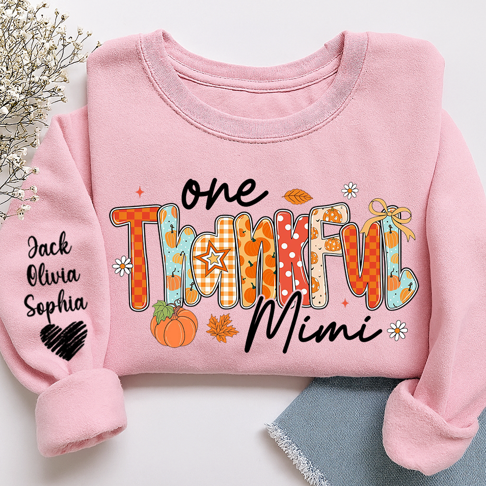 Personalized One Thankful Mimi Sweatshirt – Fall Pumpkin Design with Grandkids’ Names on Sleeve