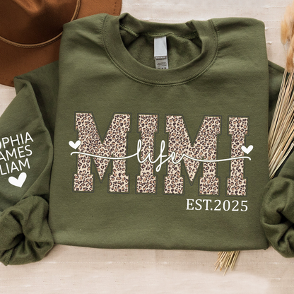 Mimi Life Leopard Sweatshirt, Personalized Grandma Est With Grandchildren Names