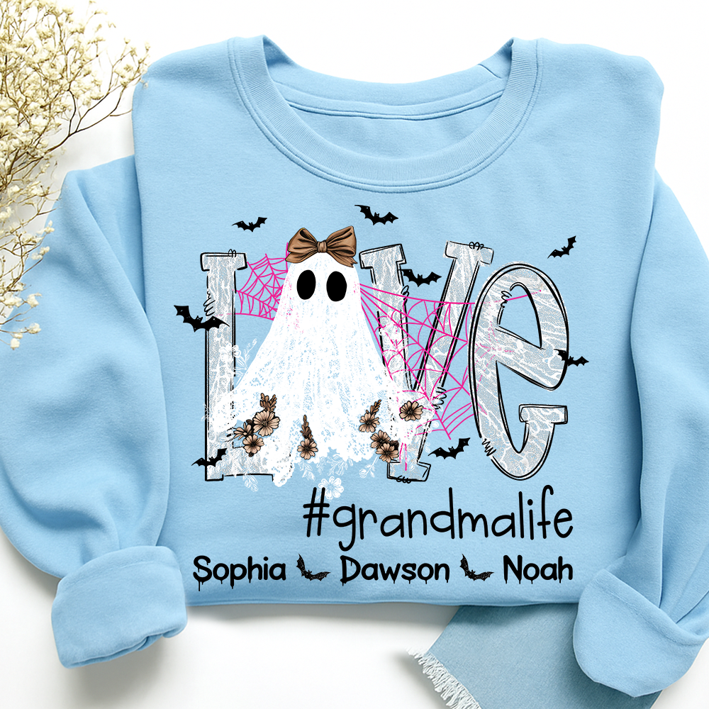 Personalized Mimi Life Halloween Sweatshirt, Custom Love Ghost Shirt with Kids Names