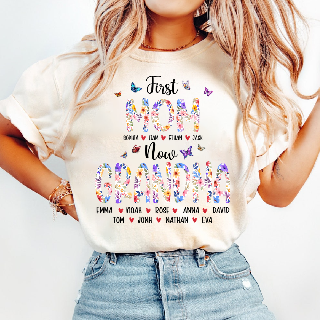 First Mom I Love Grandma Shirt, Personalized Grandma T-Shirt with Custom Family Names