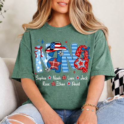 Custom Nana 4th July Independence Day American Flag T-Shirt For Grandma, Personalized Gift For Grandma And Kids