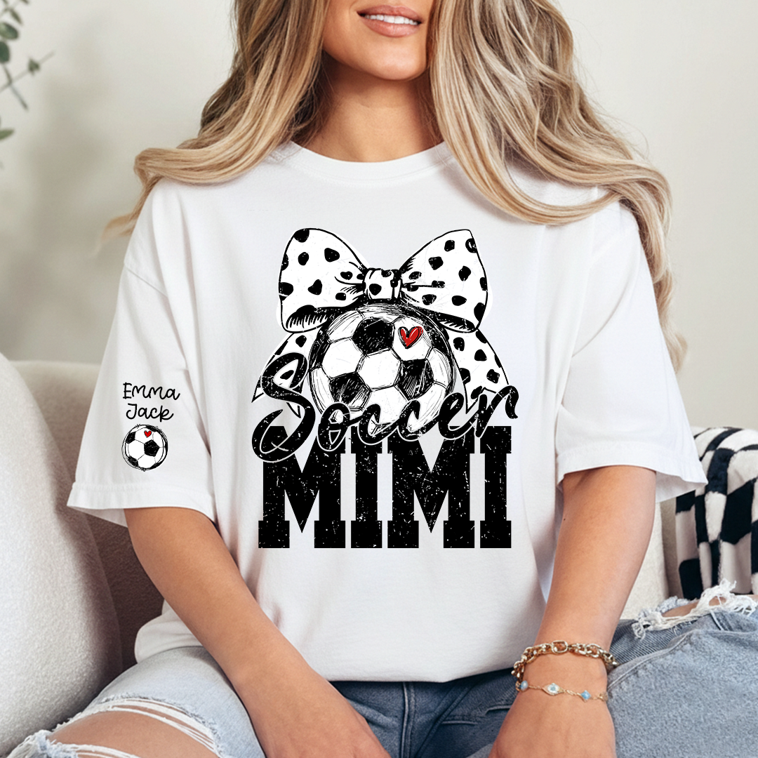 Personalized Soccer Mimi Shirt, Soccer Ball and Bow Design with Kids Names