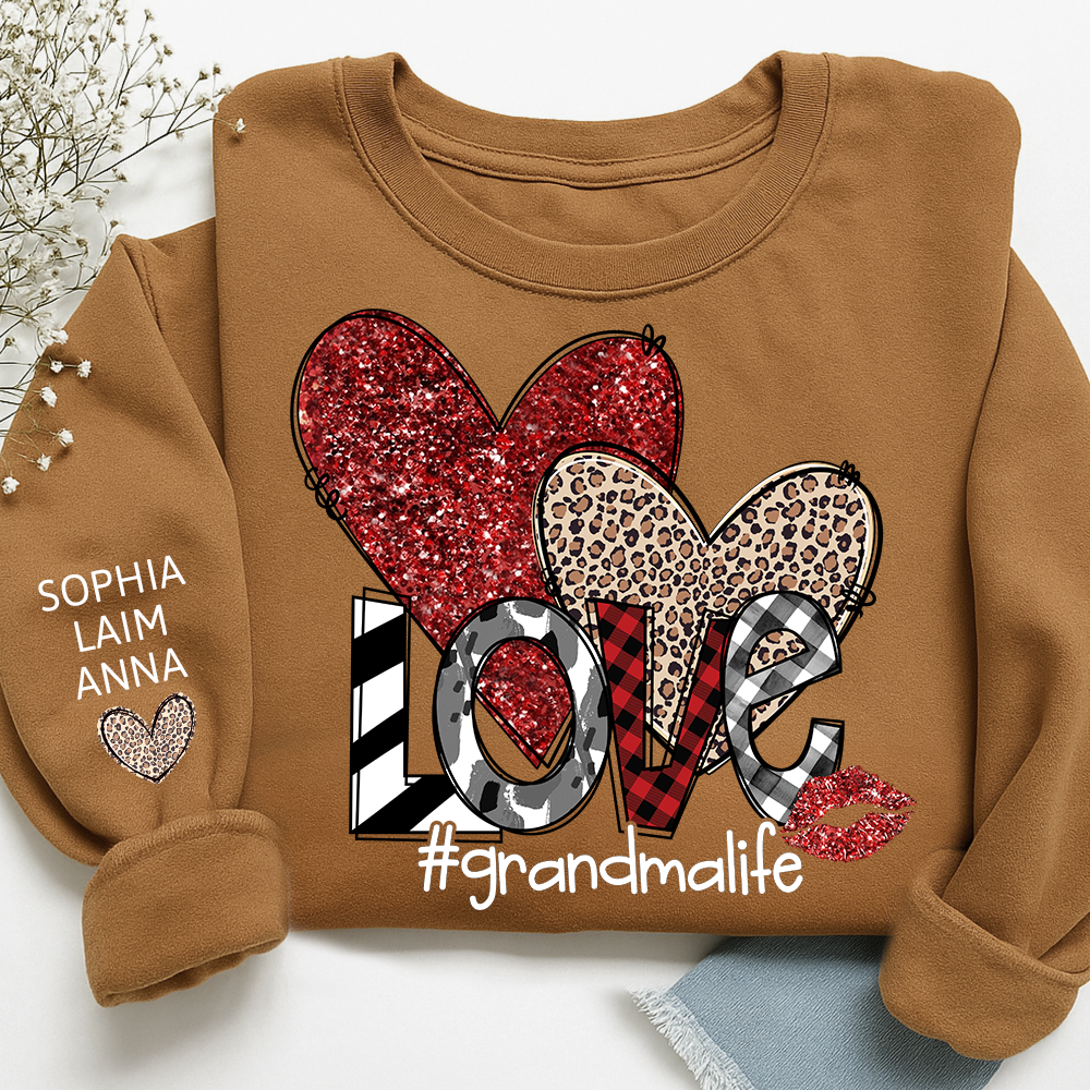 Custom Grandma Life Love Sweatshirt, Leopard & Glitter Heart Design For Grandma And Kids