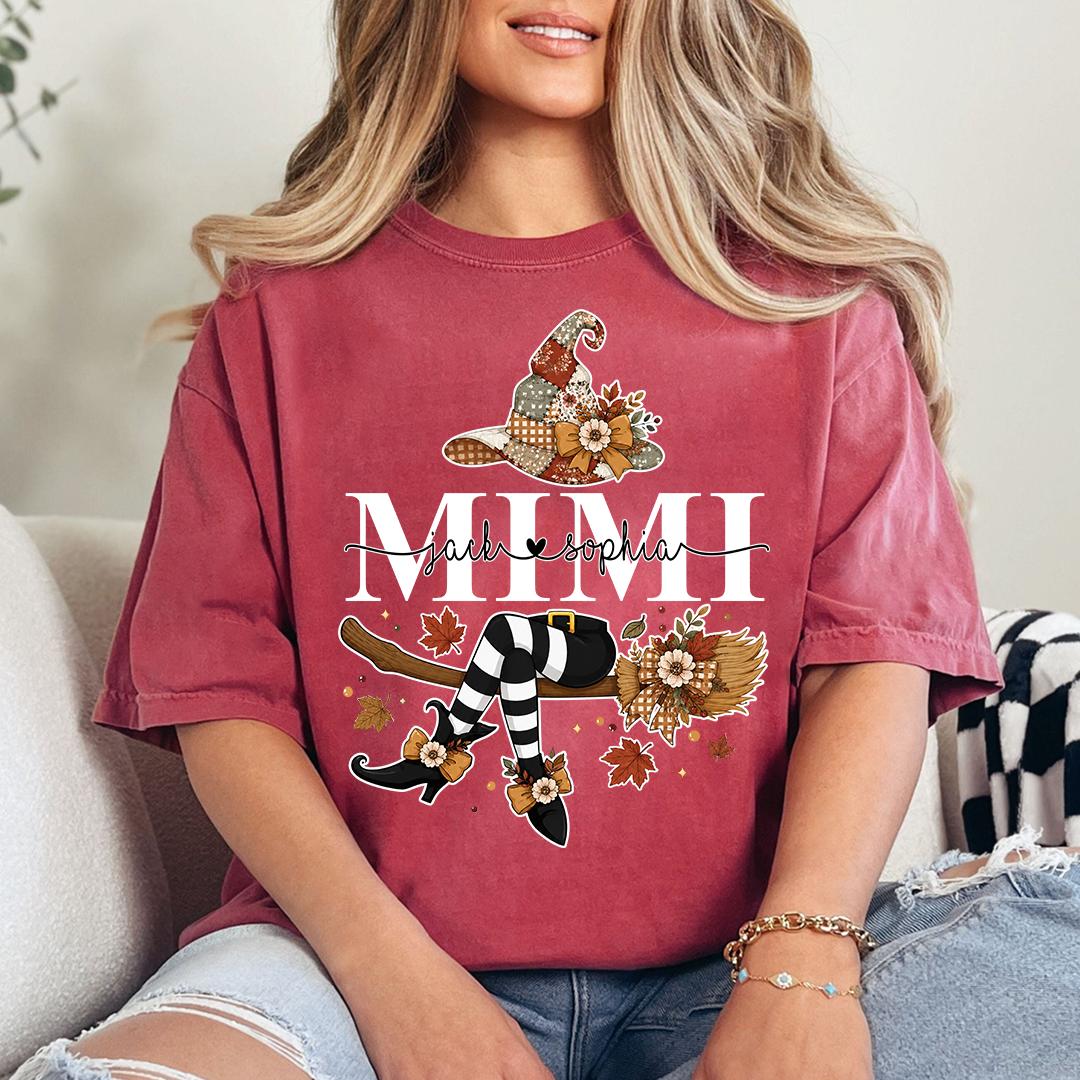 Personalized Mimi Witch Halloween Shirt, Fall Pumpkin Grandma Tee, Custom Grandkids Names T Shirt, Cute Autumn Gift for Mimi