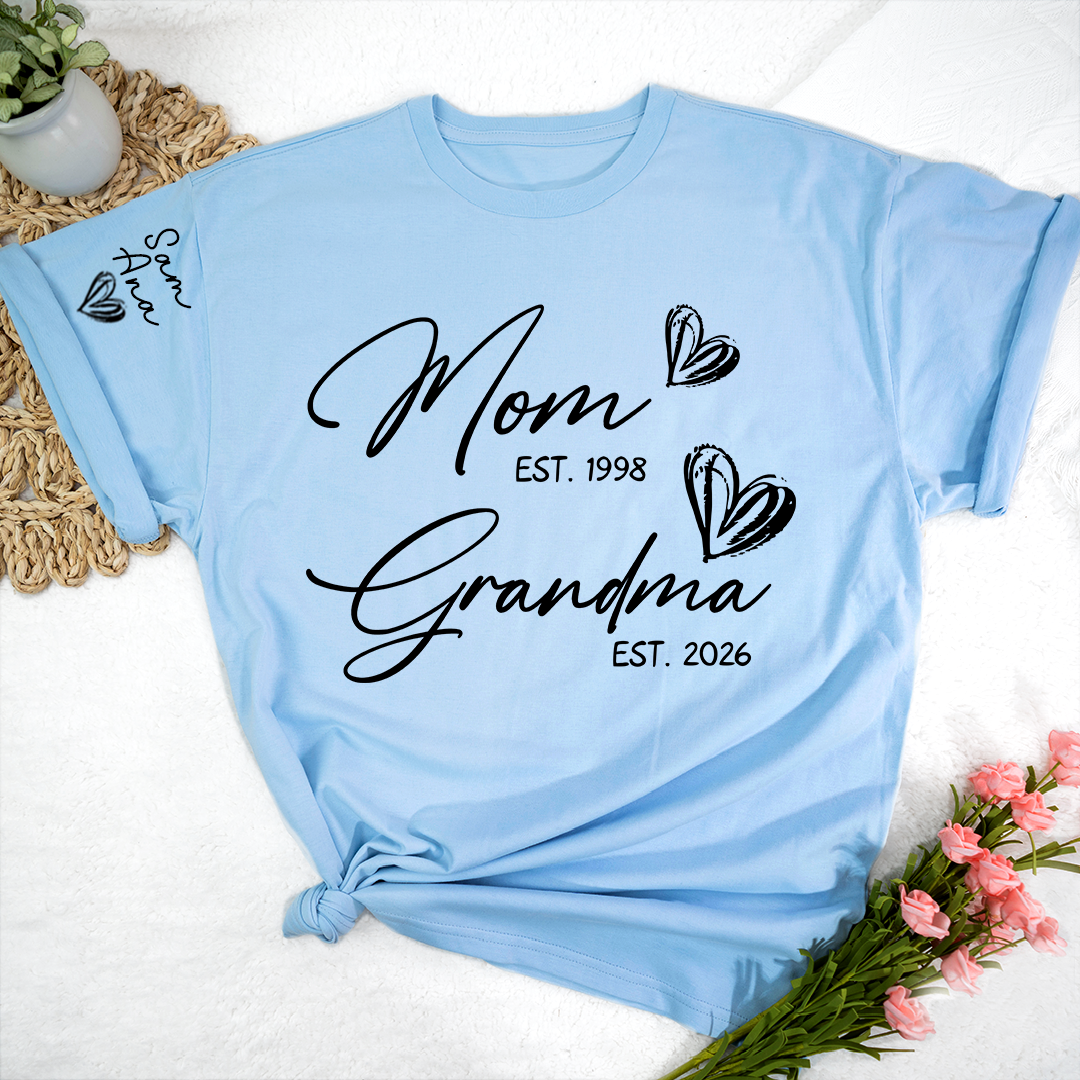 Custom EST Year Mom and Grandma T-Shirt, Personalized Family T-Shirt with Heart Design for Mom & Grandma