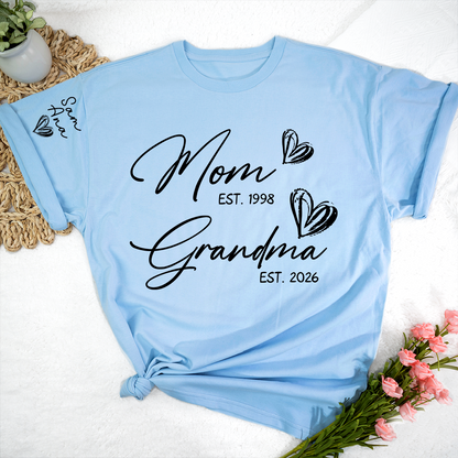 Custom EST Year Mom and Grandma T-Shirt, Personalized Family T-Shirt with Heart Design for Mom & Grandma
