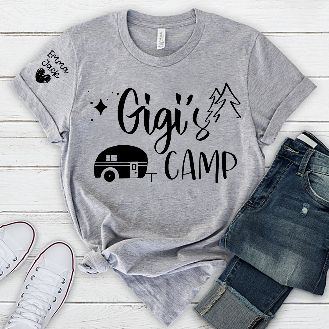 Gigi's Camp Shirt Personalized with Grandkids Names, Funny Camping Grandma Tee, Camper Trailer Graphic T Shirt