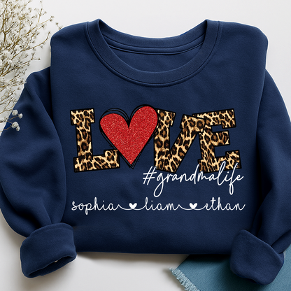 Personalized Grandma Sweatshirt with Grandkids Names, LOVE Leopard Heart Design, Grandma Life Custom Family Crewneck