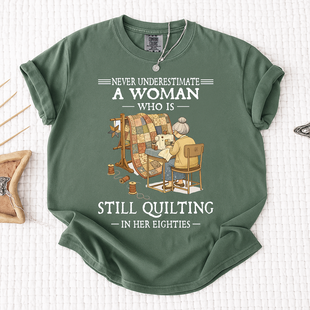 Comfort Colors Personalized Woman Who Is Still Quilting in Her Eighties T-Shirt – Perfect Gift for Quilting Enthusiasts