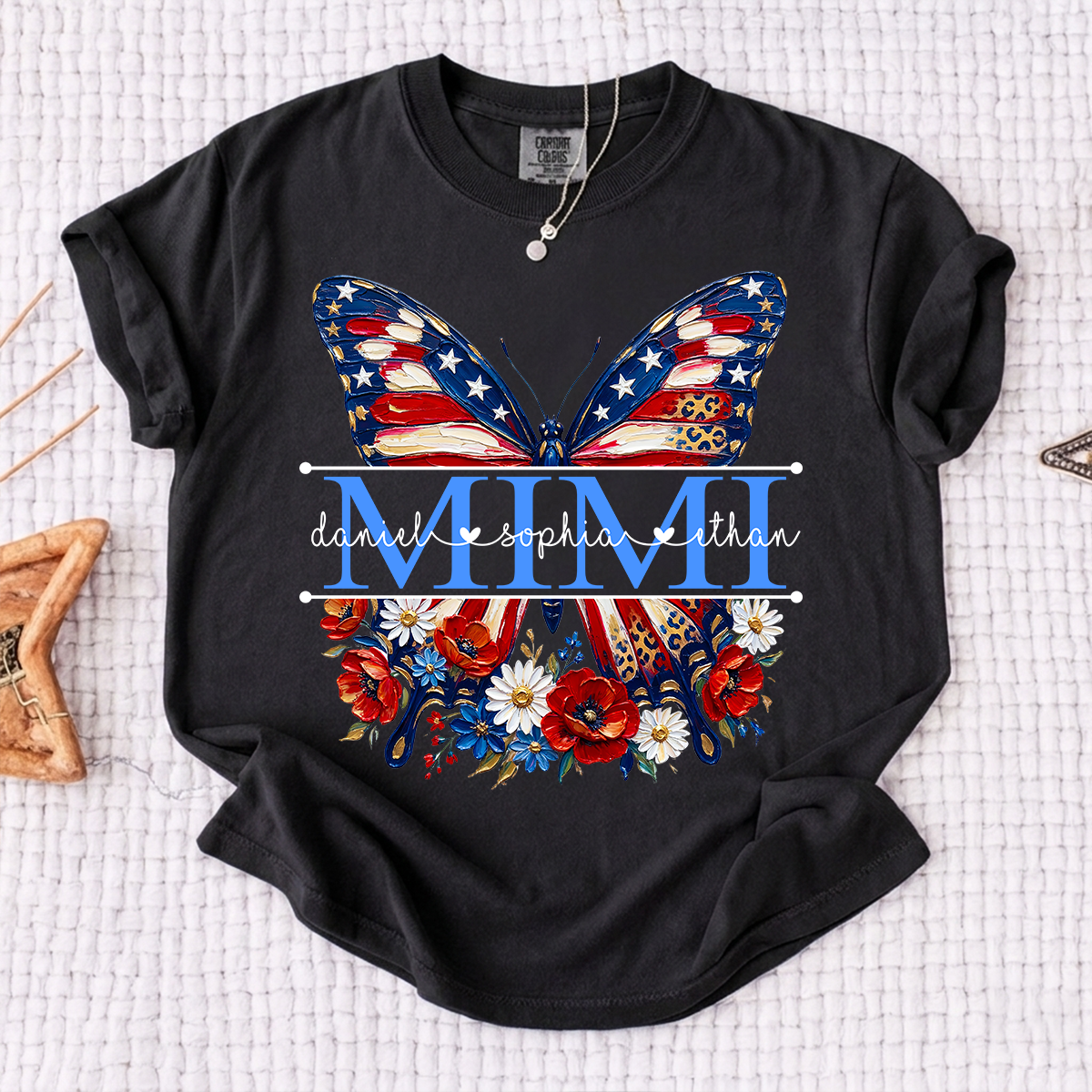 Comfort Custom Mimi T Shirt with Grandkids Names, American Flag Butterfly Family Tee