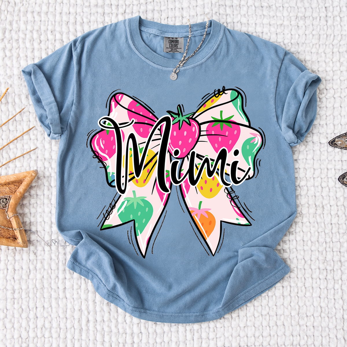 Comfort Colors® Mimi Strawberry Bow Shirt, Cute Grandma Bow Shirt for Women, Fruit Pattern Mimi Tee, Gift for Mimi And Kids