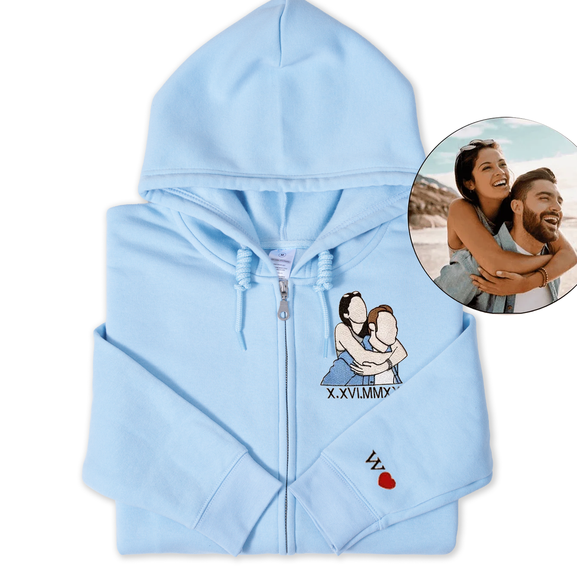 Personalized Embroidered Zip Hoodie, Custom Portrait Couple Embroidered Zip Hoodie