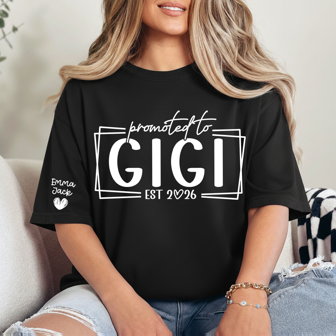 Promoted To Gigi Est 2026 Shirt, Personalized Grandkids Names Sleeve Tee, New Gigi Gift, First Time Grandma Announcement Shirt