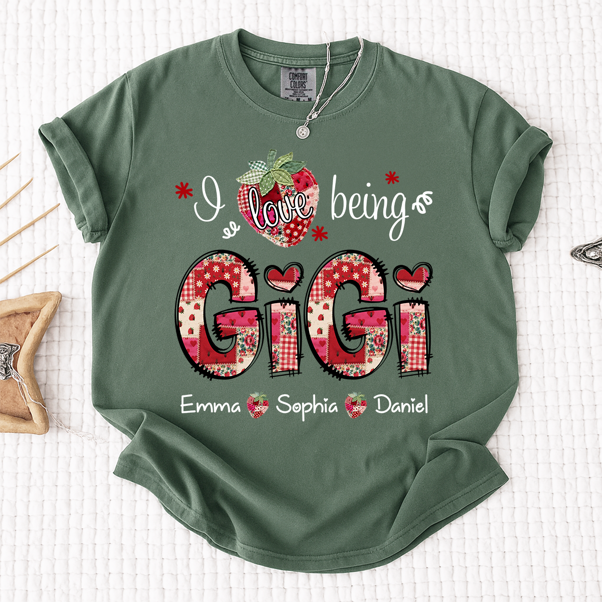 Comfort Colors Personalized I Love Being Gigi Shirt, Custom Grandma Strawberry Patchwork Tee with Names, Gift for Grandma