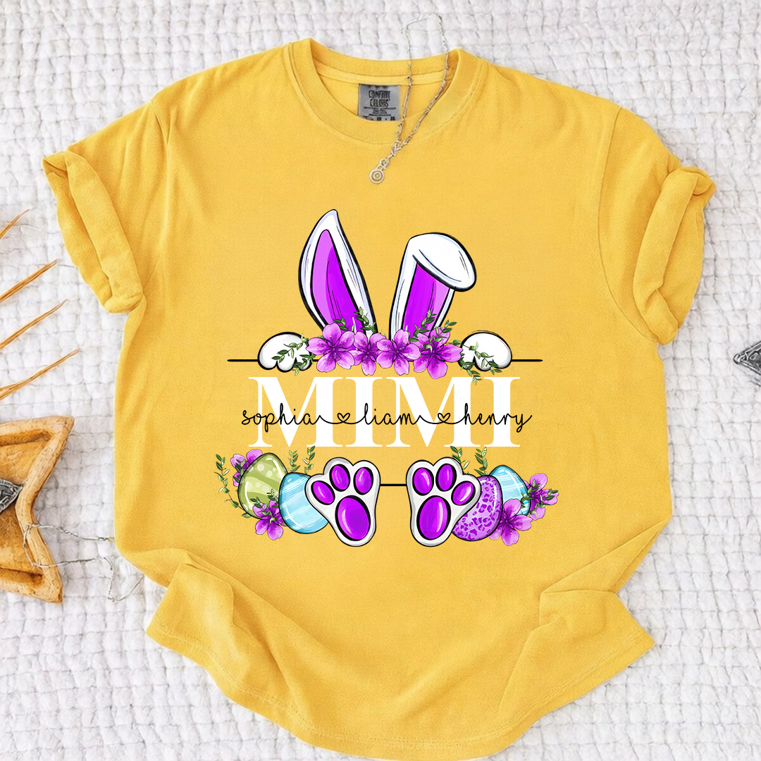 Comfort Colors Personalized Easter Bunny T-shirt | Custom Name Design for Mimi, Grandma, & Mom | Floral Easter Shirt with Bunny Ears and Paw Prints