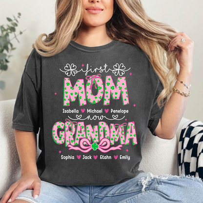 Patrick's Day First Mom Now Grandma Shirt, Personalized Family T-Shirt with Kids and Grandkids Names