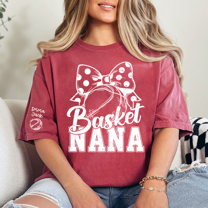 Black And White T-shirt With Basketball Print, Mimi Style, Can Be Printed With Grandchildren's Names, Suitable As A Gift For Grandma