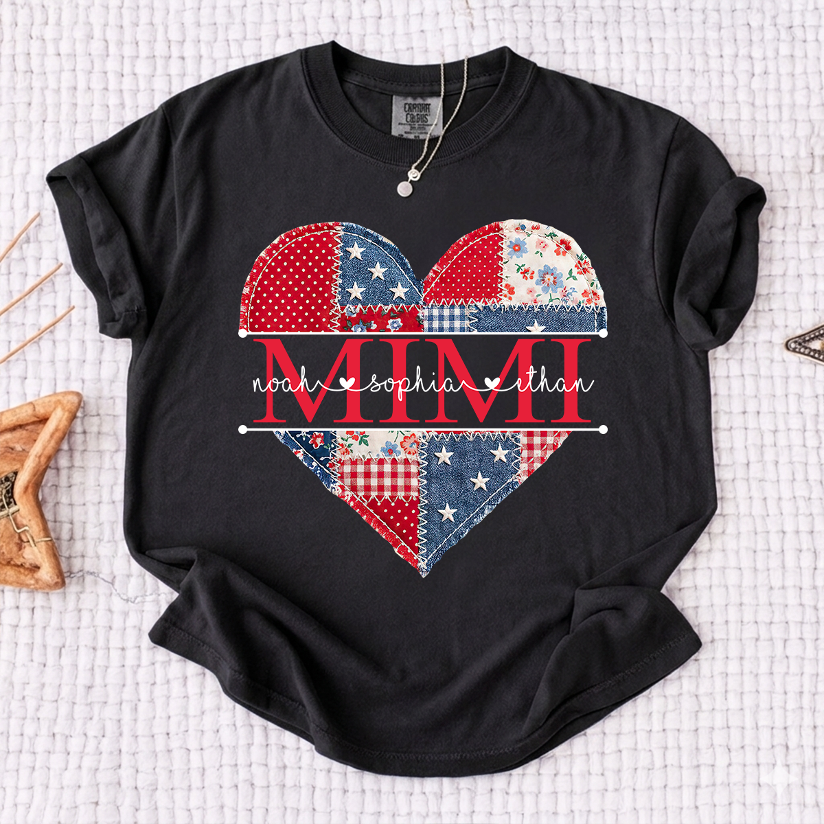 Comfort Colors Personalized Mimi Shirt with Grandkids Names, Patriotic Heart Patchwork Design