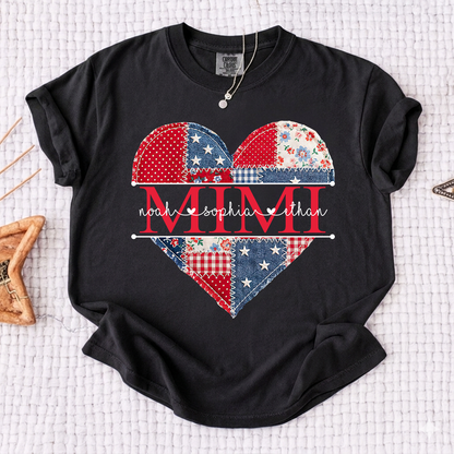 Comfort Colors Personalized Mimi Shirt with Grandkids Names, Patriotic Heart Patchwork Design