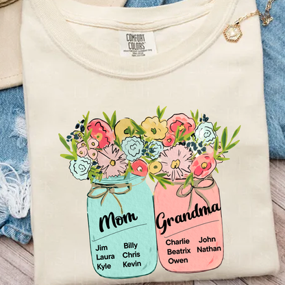 Comfort Colors® Mom & Grandma Kids Flower T-Shirt, Custom Family Names with Floral Design, Perfect Gift for Mom and Grandma